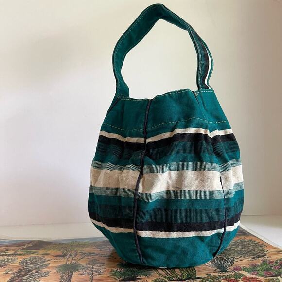 Handmade Vintage 90s Green Southwestern Tapestry Round Bucket Bag - Picture 1 of 16